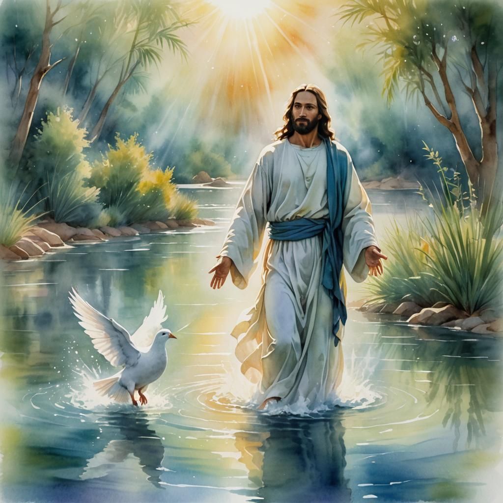 Jesus' Baptism: Ethereal Watercolor Illustration of Divine D...