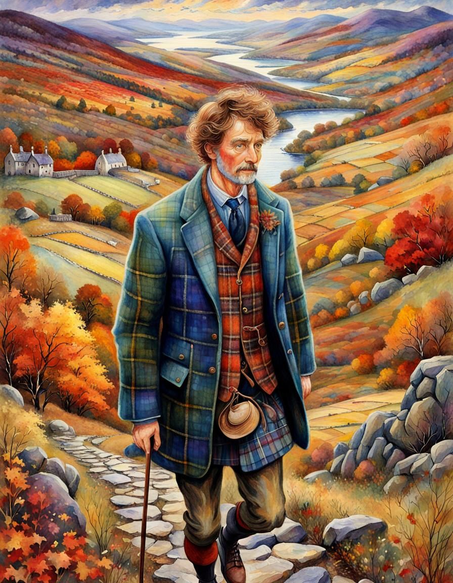 A Scottish man seen from above, dressed in plaid, takes a whimsical stroll through the picturesque autumn landscape. Thi...