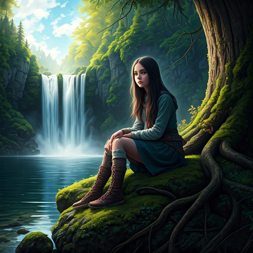 Pensive Girl by Waterfall in Ethereal Forest