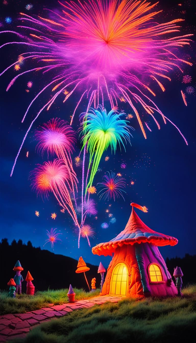 Blacklight poster of fireworks in the sky, side view on fant...