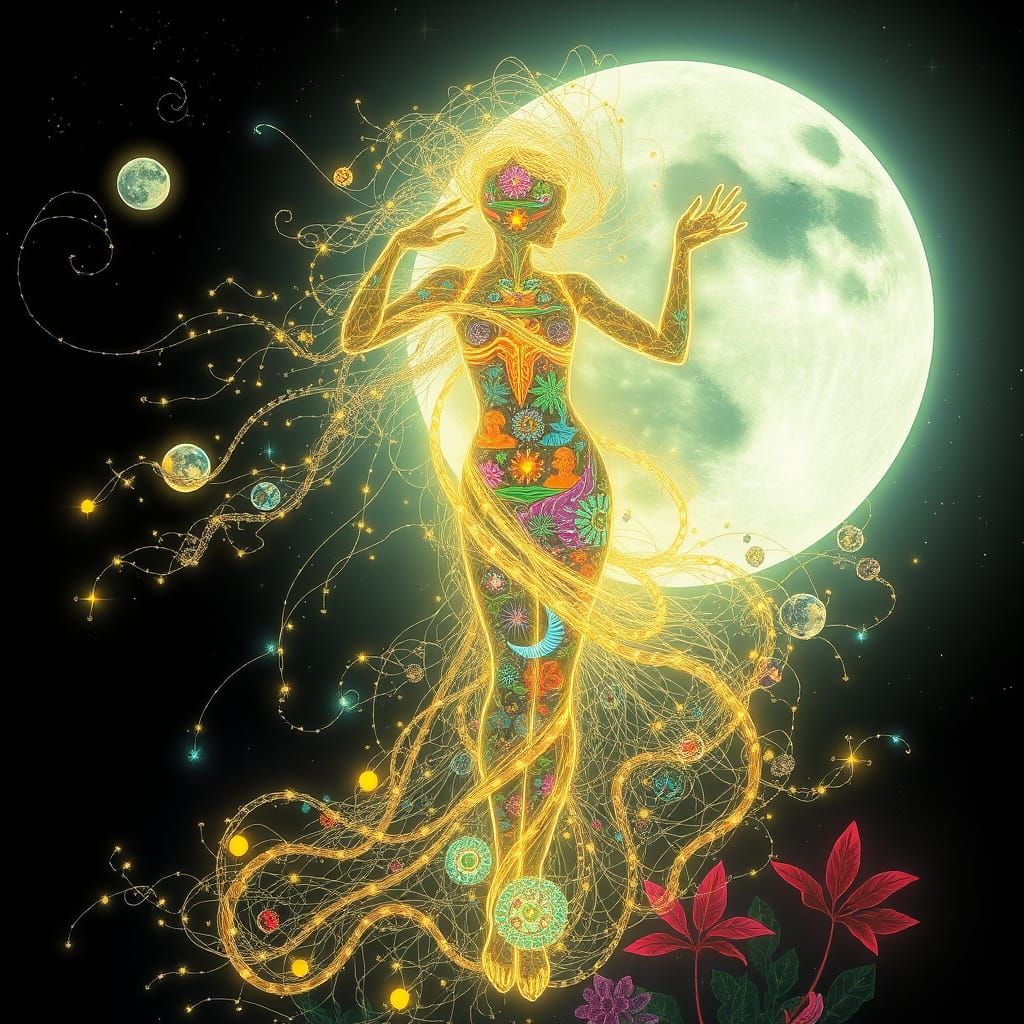 Ethereal Goddess Emerges from Duality of Nature and Myth