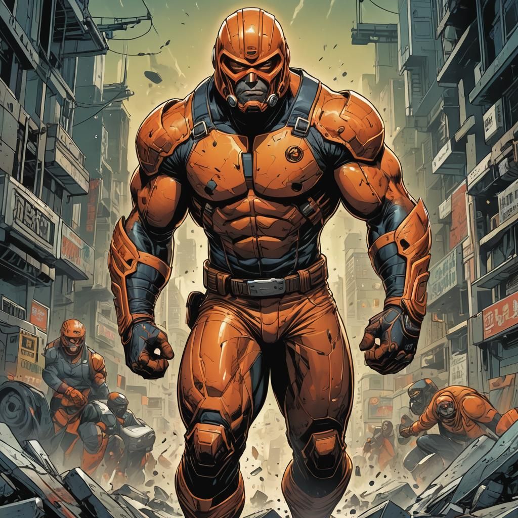 Muscular Indonesian Man in Orange Comic Book Art