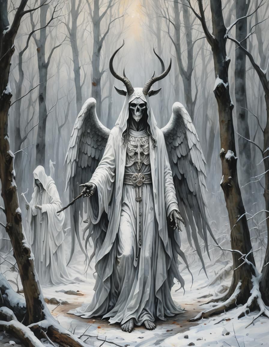 Eerie Winter: Ghostly Baphomet in Haunted Woods