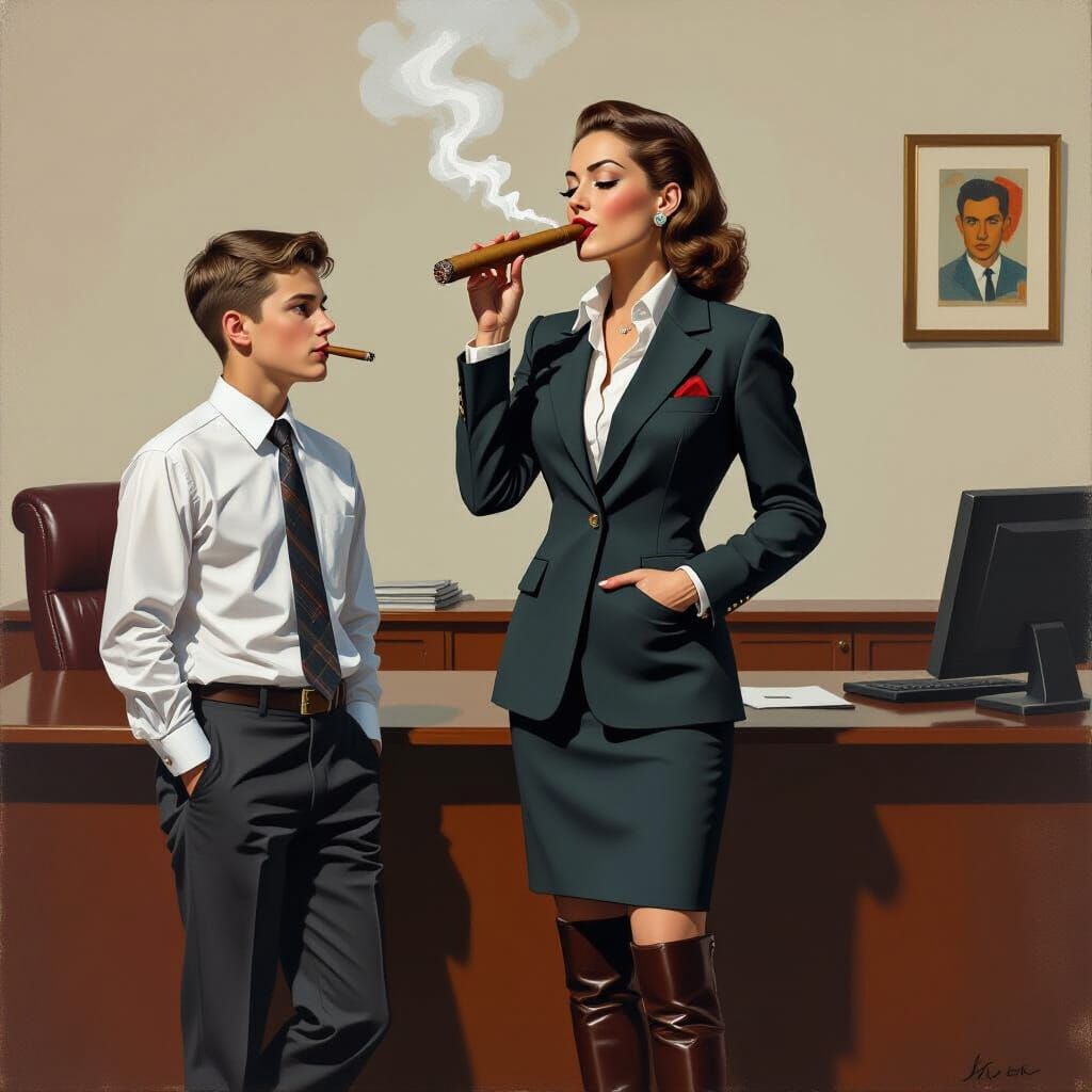 Confident Woman with Cigar, Expressionist Style