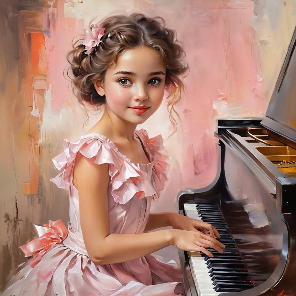 Girl Playing Piano in Impressionistic Oil Painting Style