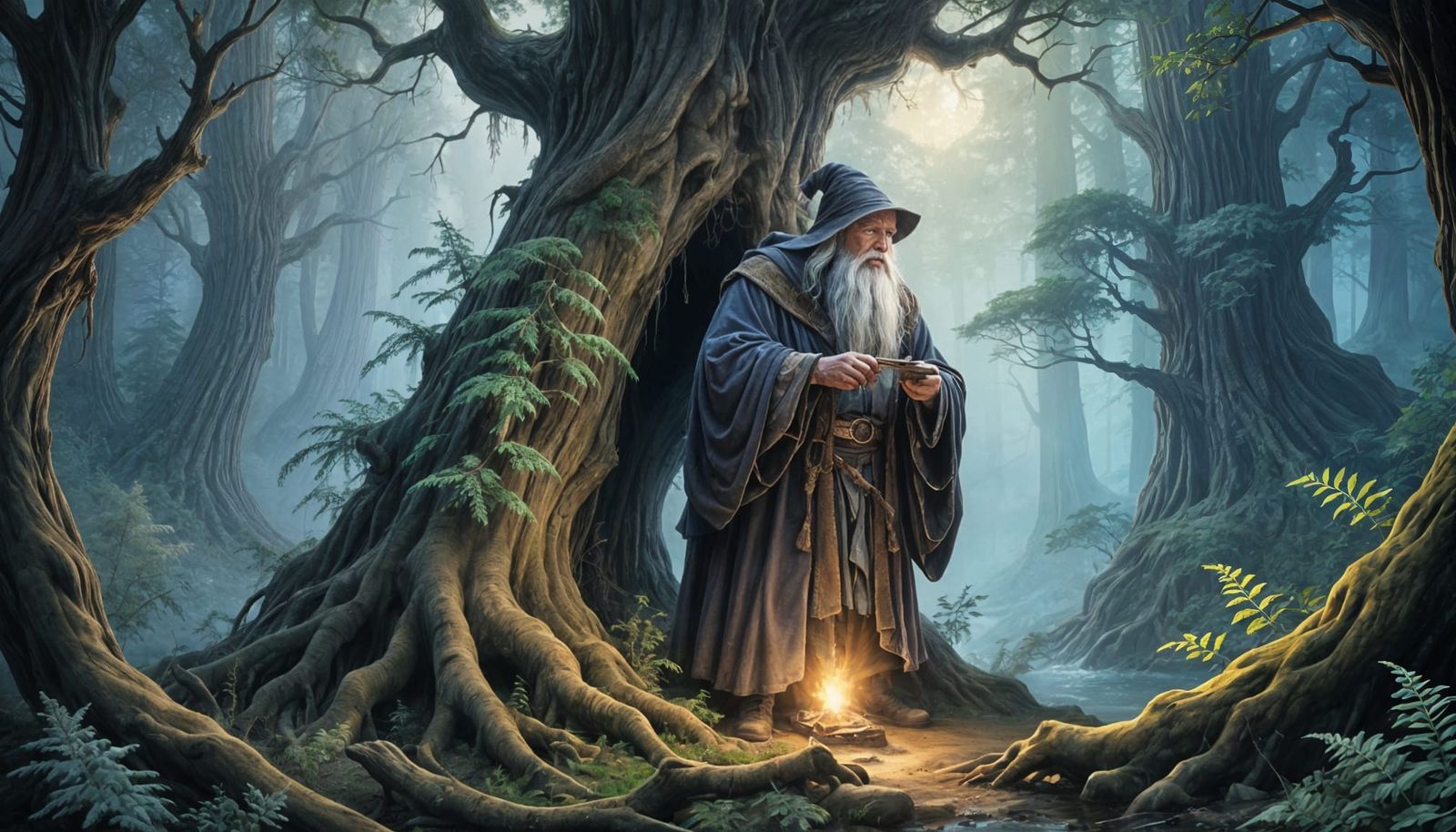Mystical Wizard Emerges from Ancient Tree Trunk