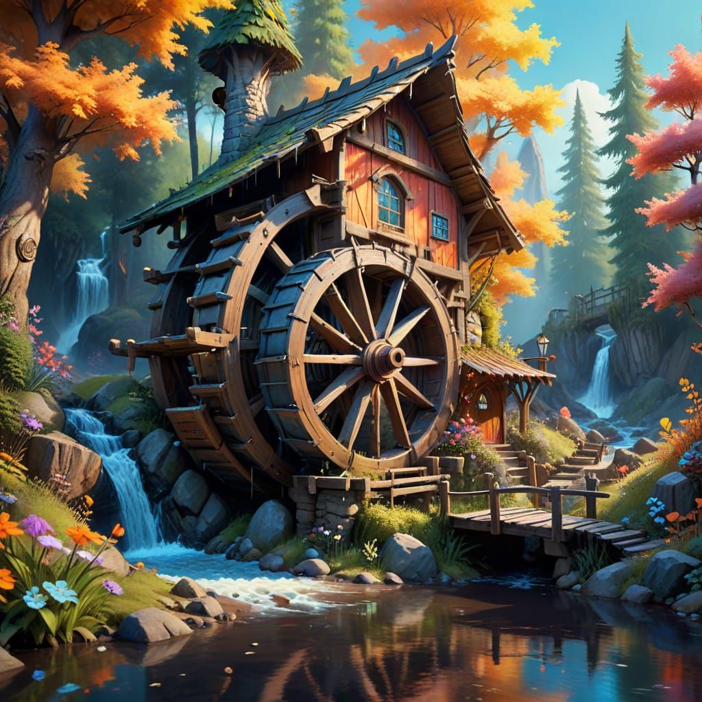 Whimsical Waterwheel Scene in Enchanted Forest
