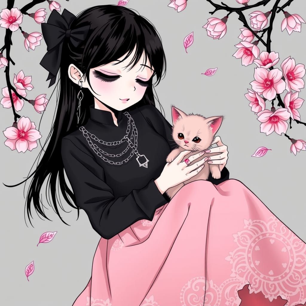 Whimsical Cherry Blossom Girl in Gothic Cartoon Style