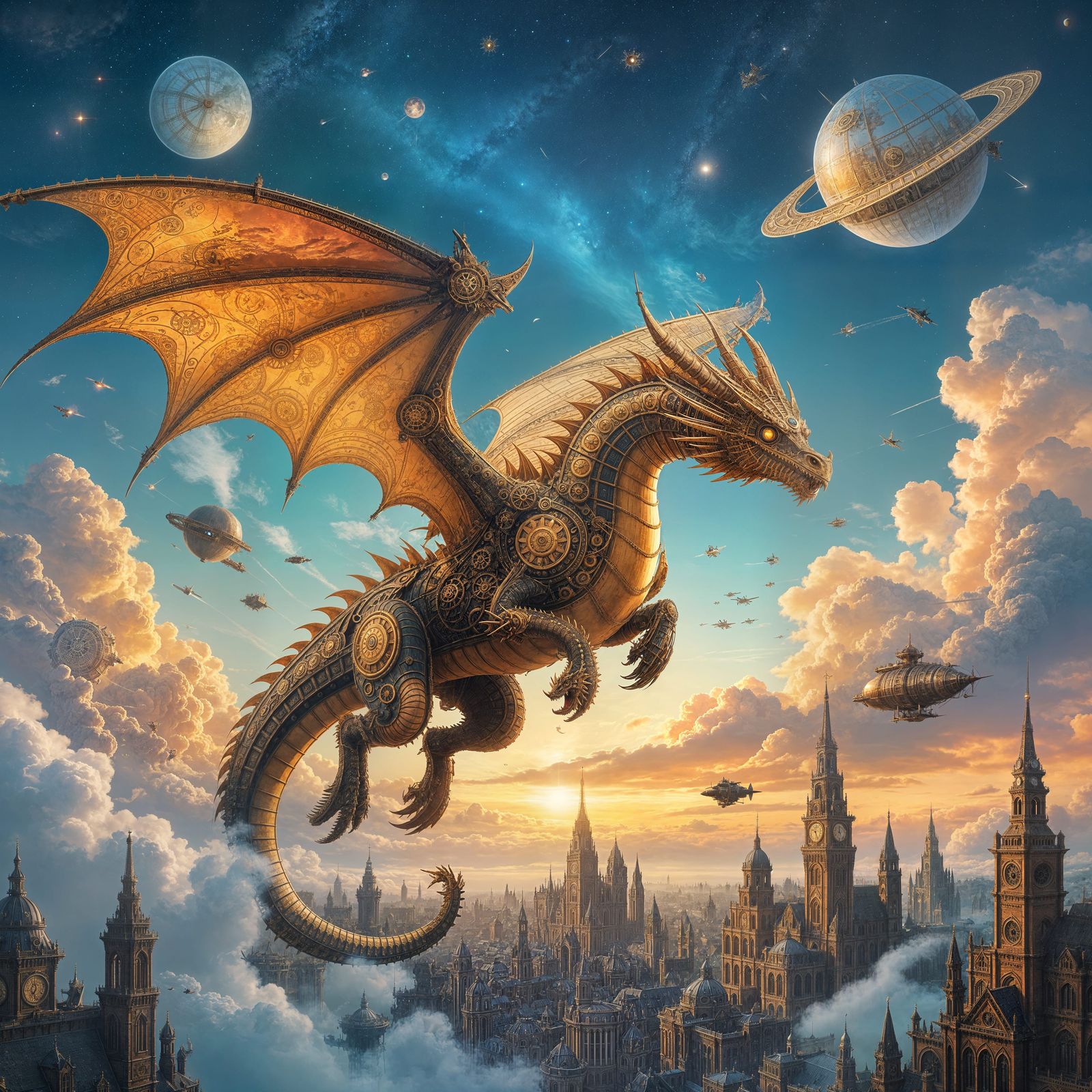 Steampunk Dragon Soaring Through Clockwork Skies