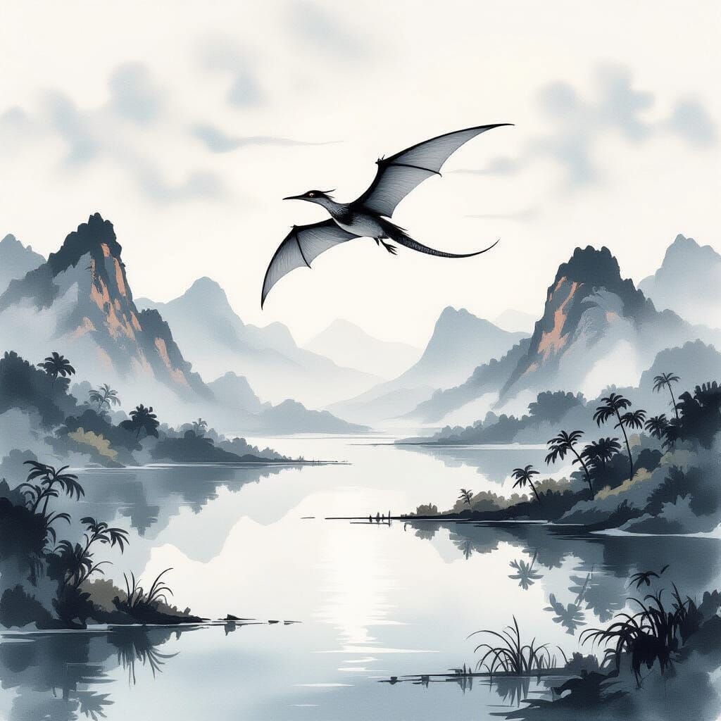 Pterodactyl Soaring Above Lake in Chinese Ink Painting