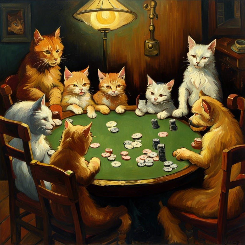 Cats and Dog Playing Poker in Oil Painting Style