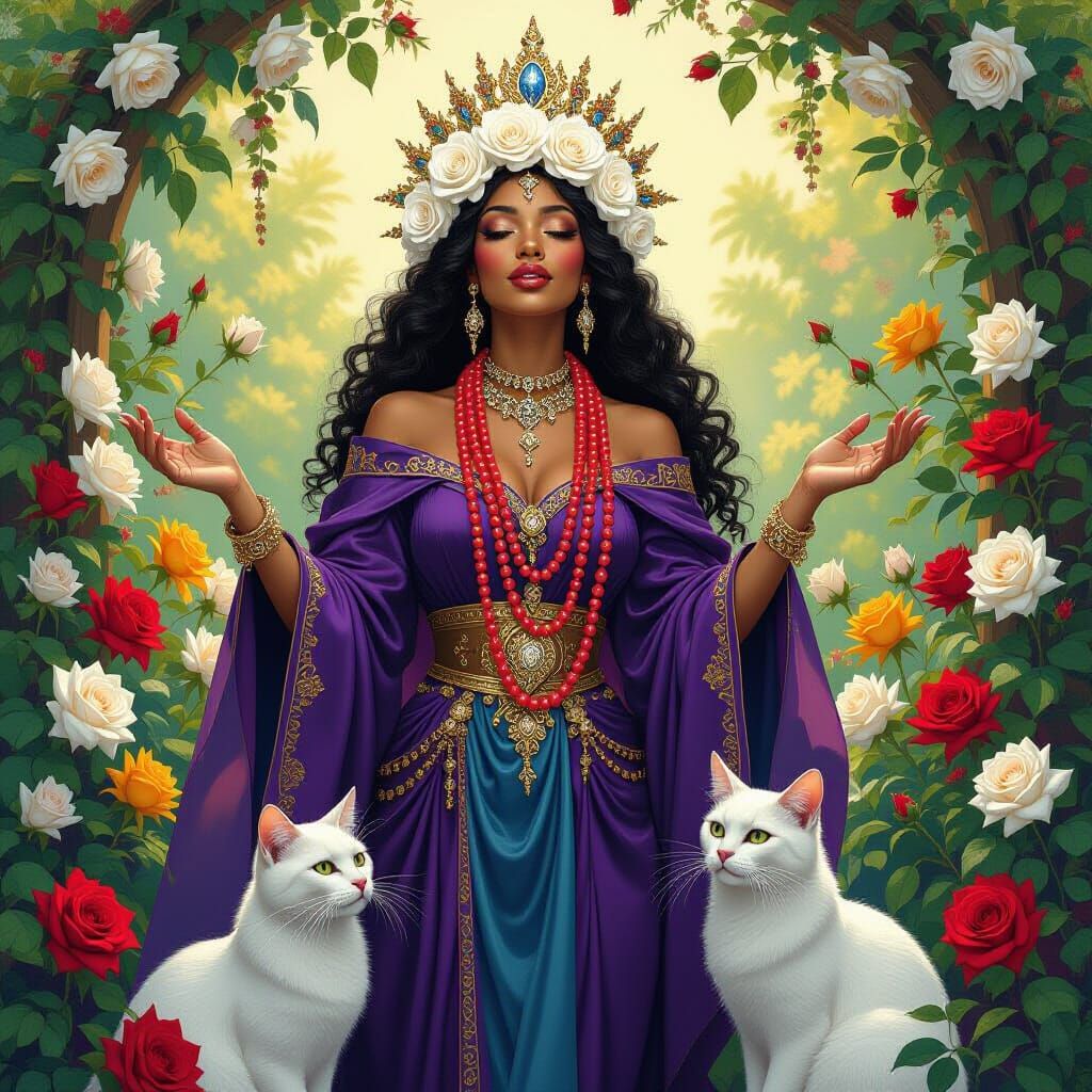 Enchanting Voodoo Priestess in a Rose Garden