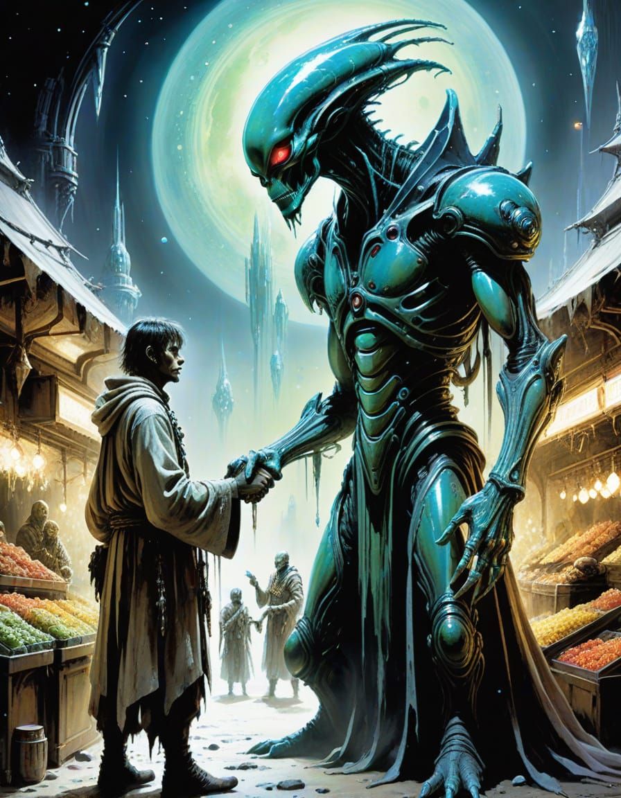 Alien Merchant Haggling Over Crystal, Fine Abstract Art