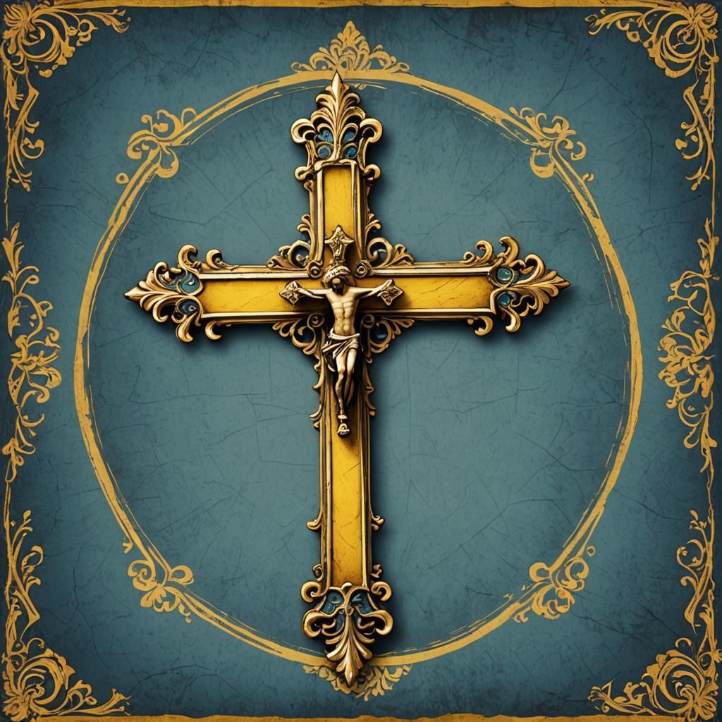 Antique Yellow Cross on Blue and Gold Banner