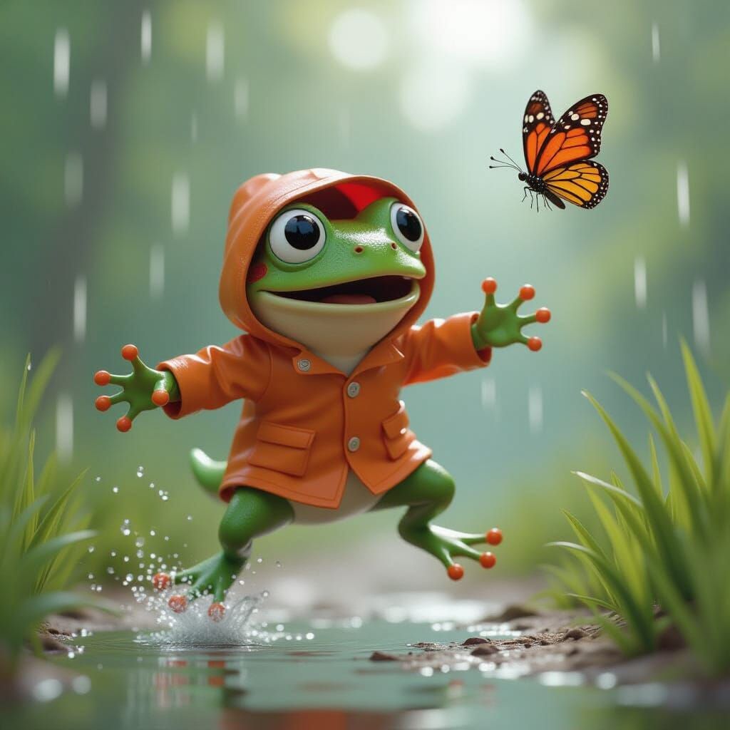 Surprised Frog Leaping for Butterfly, Pixar-Style 3D