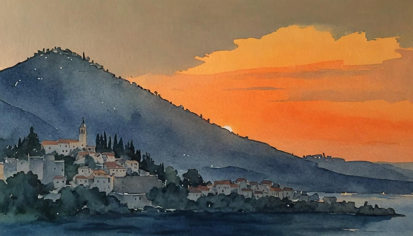 Impressionistic Watercolor Painting of Korčula at Dawn
