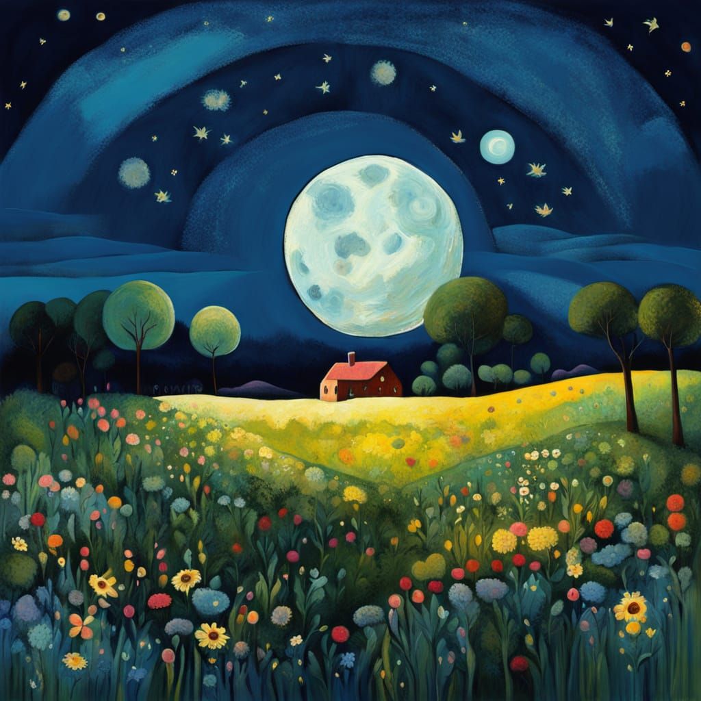 Whimsical Meadow Under Luminous Moon