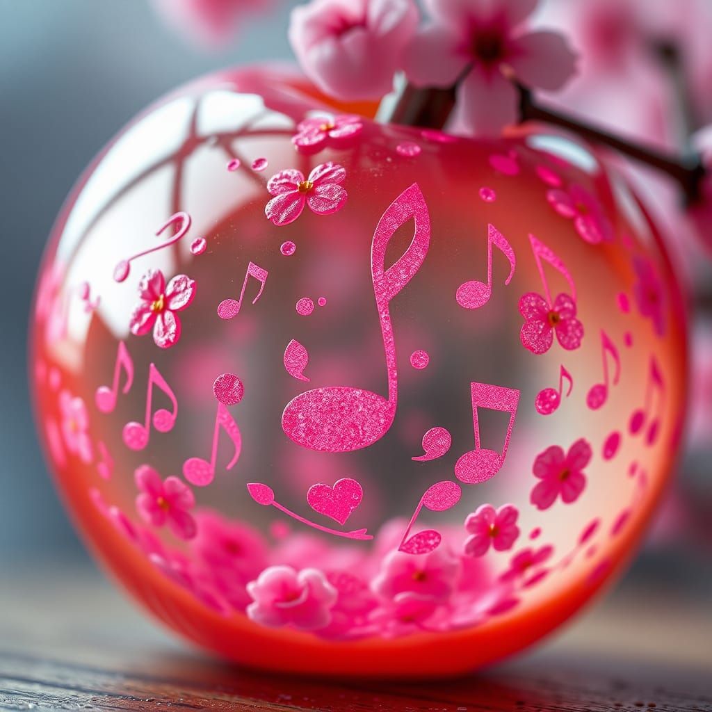 Glass Apple Filled with Pink Musical Notes in 8K