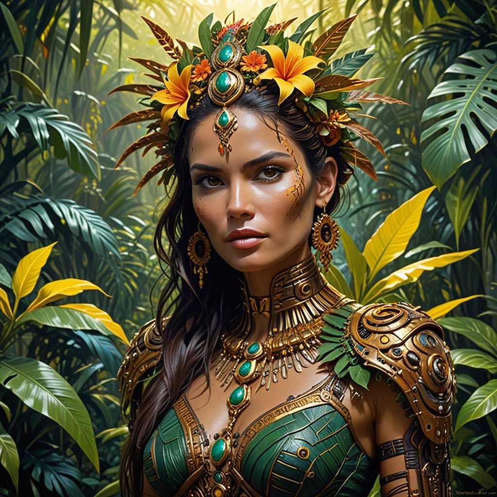 Biopunk Priestess in Tropical Landscape Oil Painting