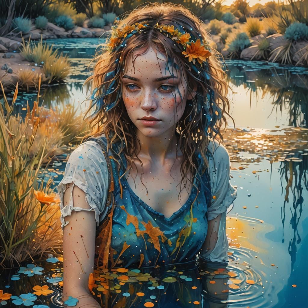 Desert Oasis in Pointillist Mixed Media Style