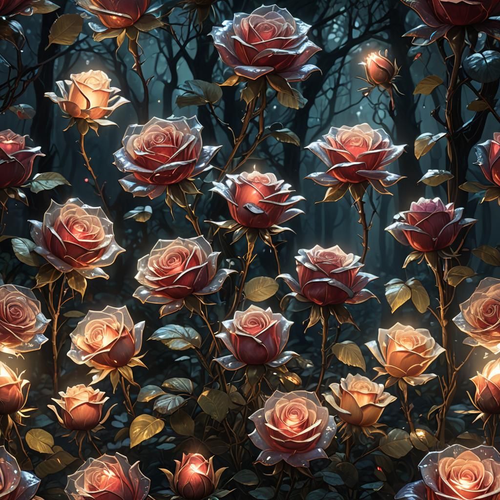 Glowing Glass Roses in Dark Forest