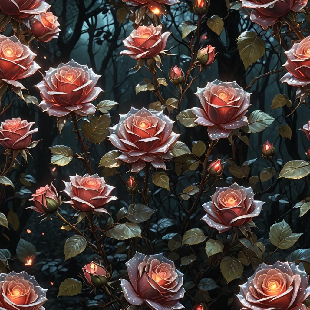 Glass Roses in Dark Forest: Fantasy Art
