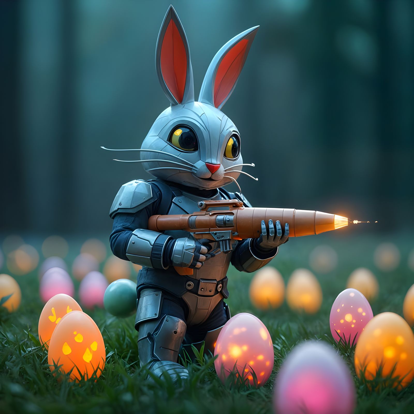 Futuristic Easter Bunny Guarding Glowing Easter Eggs