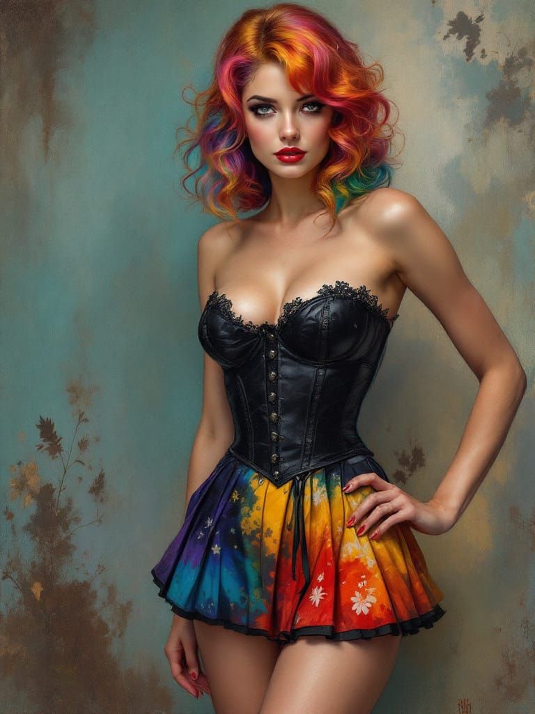 Pin-Up Woman in Tie-Dye Skirt and Corset