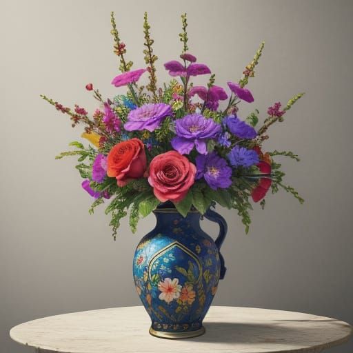 Vibrant Flowers in Intricate Splash Art Vase