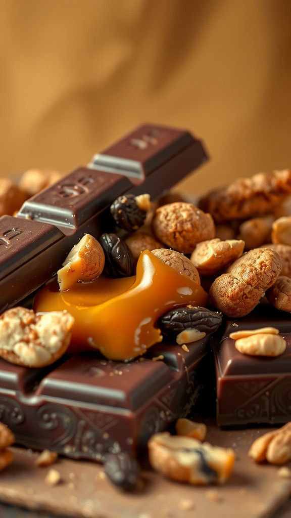 Dark Chocolate Bar Still Life with Caramel and Nuts
