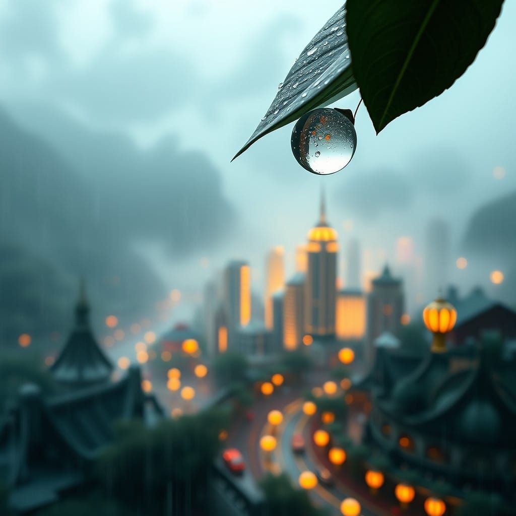 Miniature Metropolis Reflected in Rainy Water Droplet