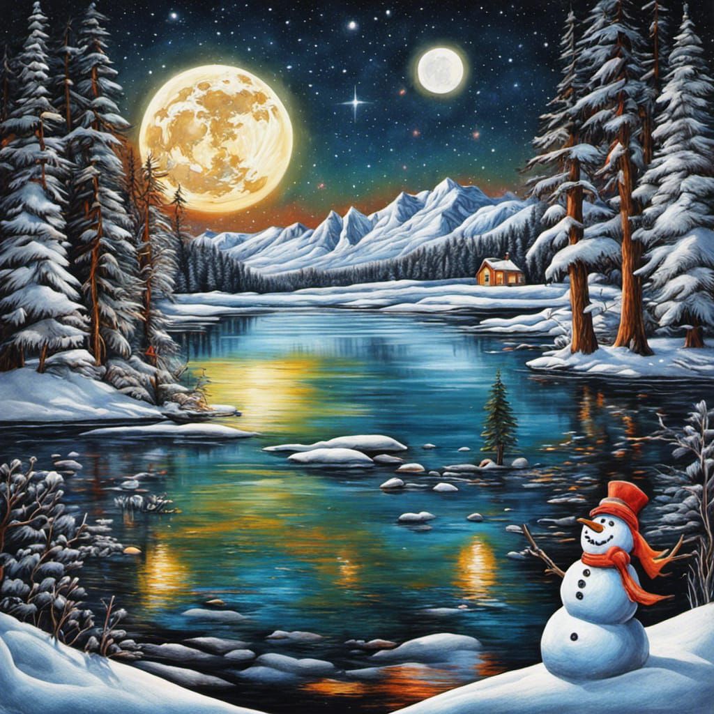 Winter Lake Bonfire in Colored Pencil Style