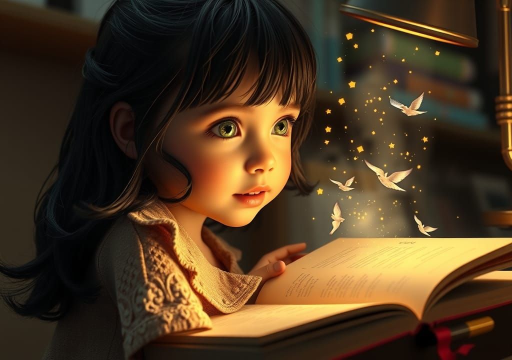 Girl Discovering Fairy Tale in Holographic Book