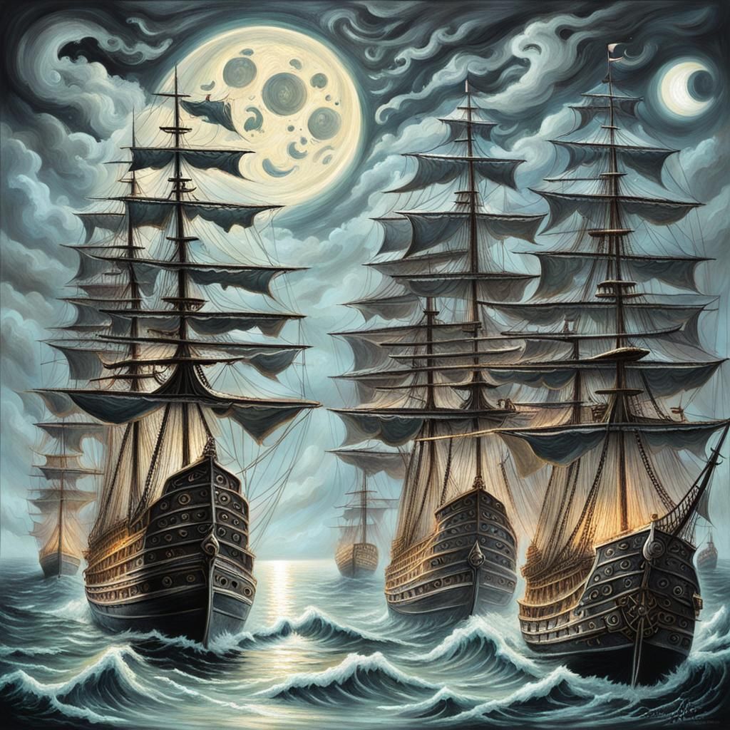 Evil Pirate Fleet at Night in Pastel Painting