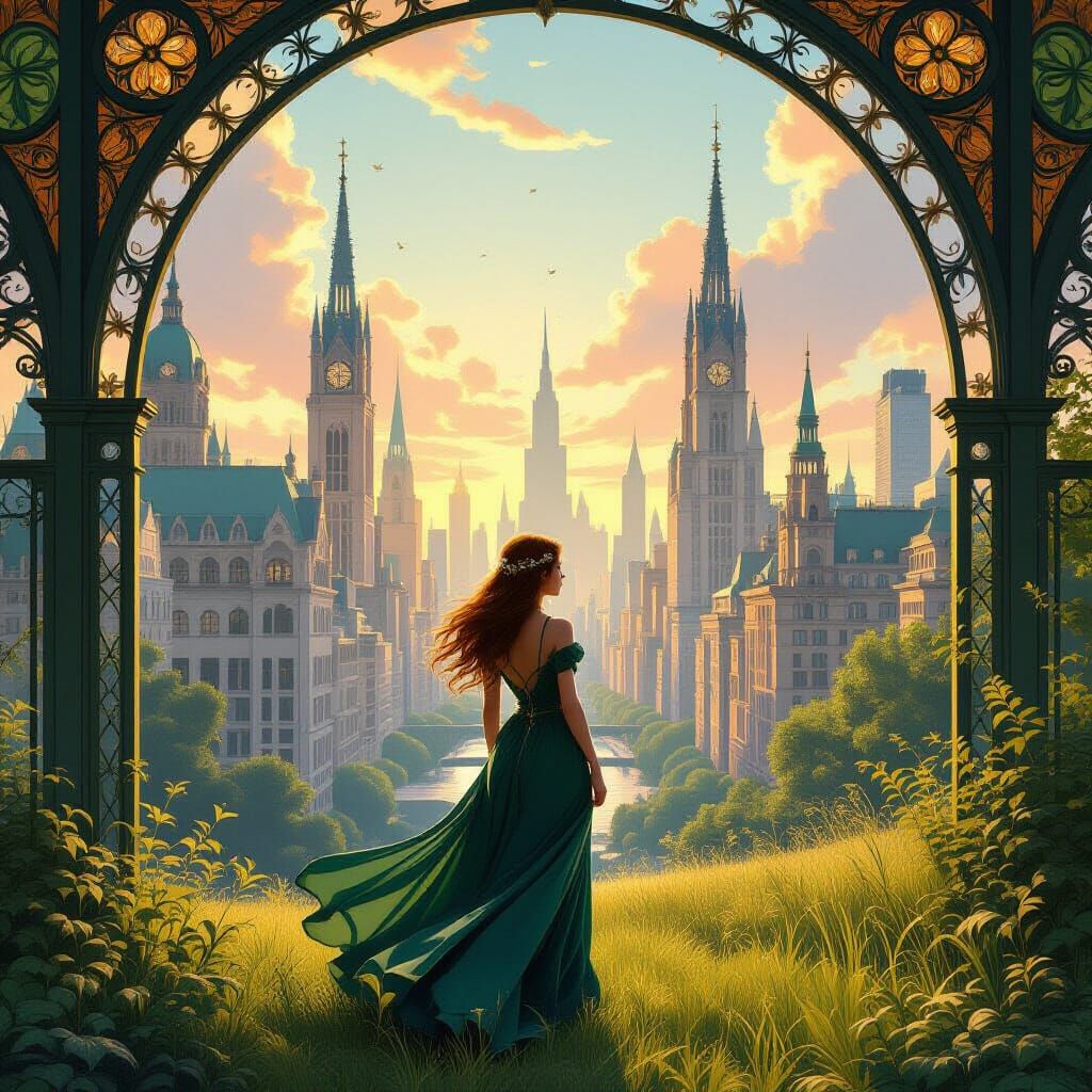 Art Nouveau City Dweller Dreams of Emerald Meadows