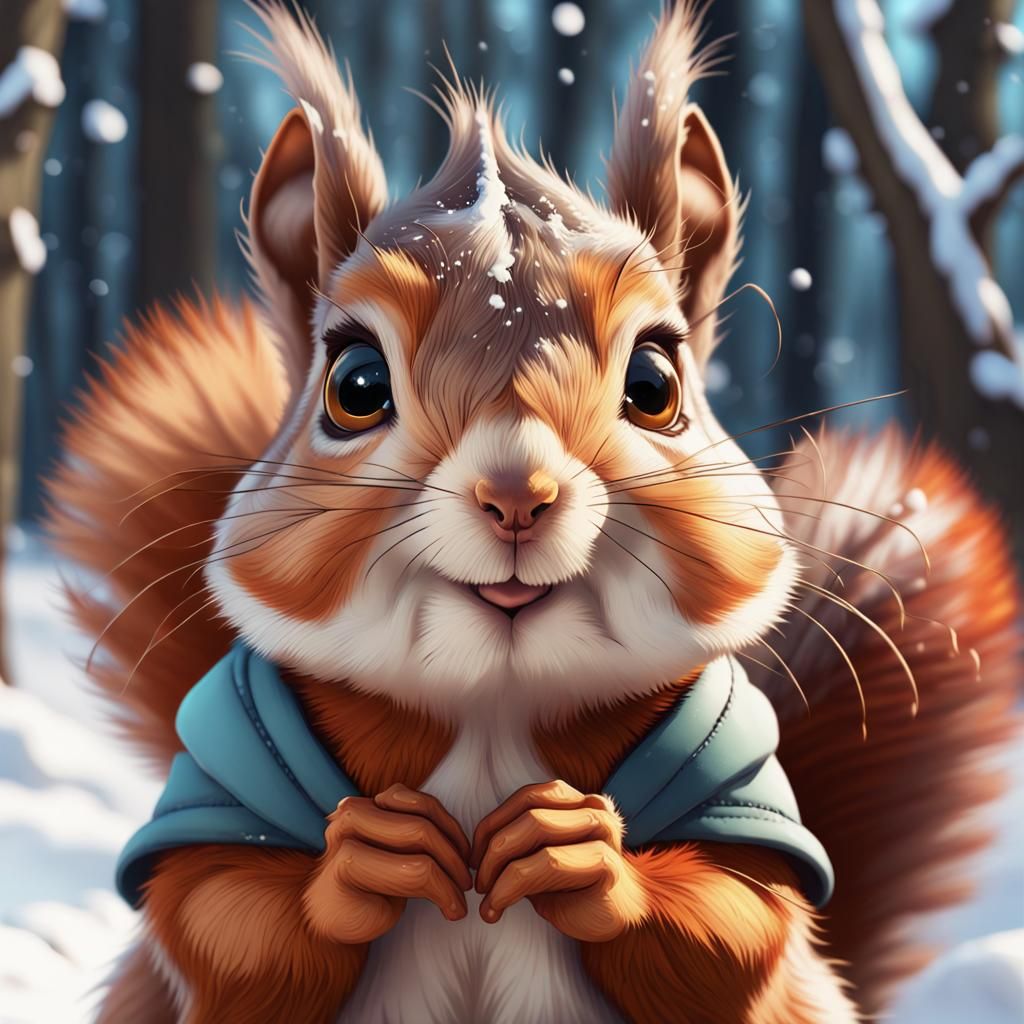 Squirrel Portrait in Snow, Hyperdetailed Concept Art