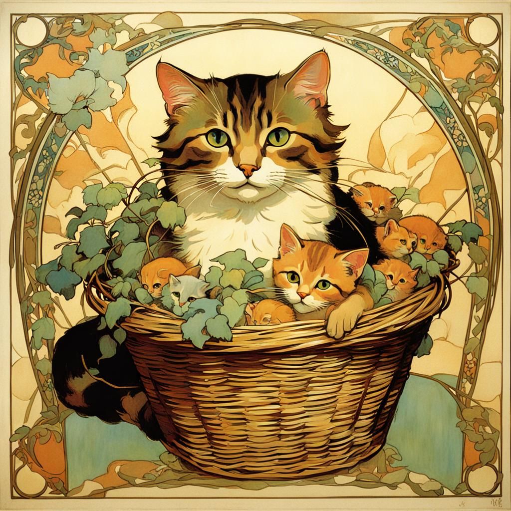 Cat with Kittens in Art Nouveau Style