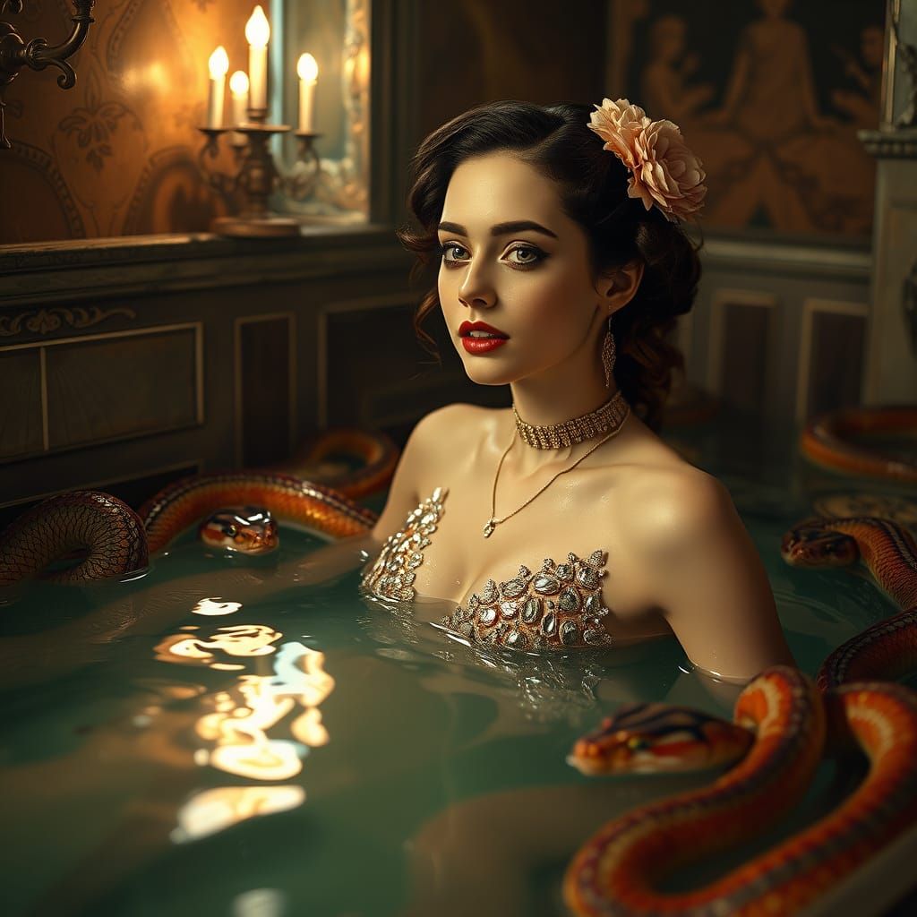 Woman Bathes with Snakes in Digital Art Style