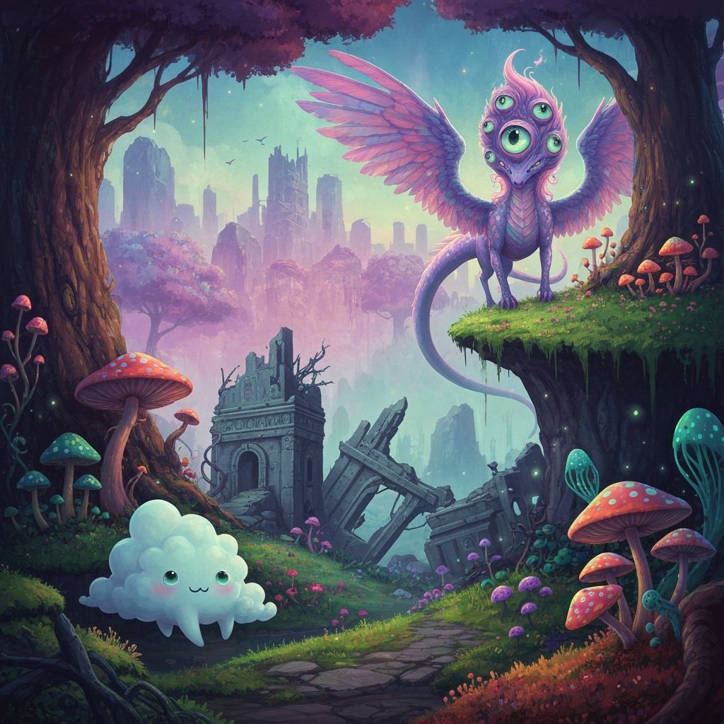 Mystical Fantasy Landscape with Creatures in Digital Paintin...
