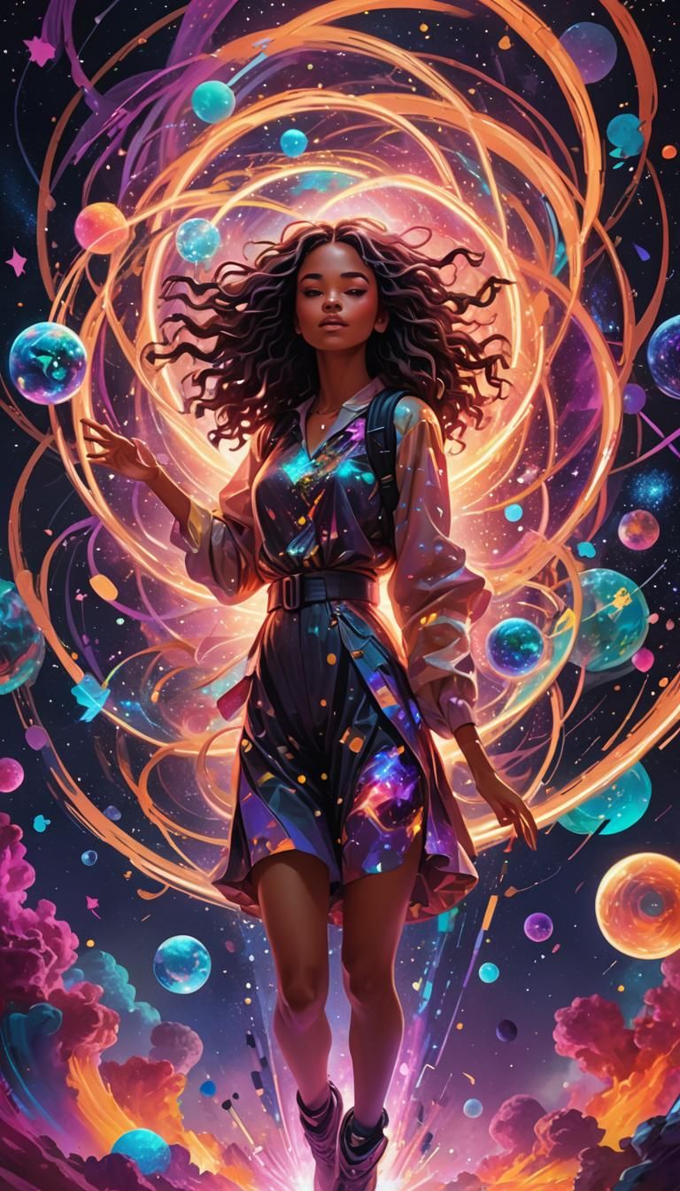 Cosmic Girl in Holographic Visionary Art Style