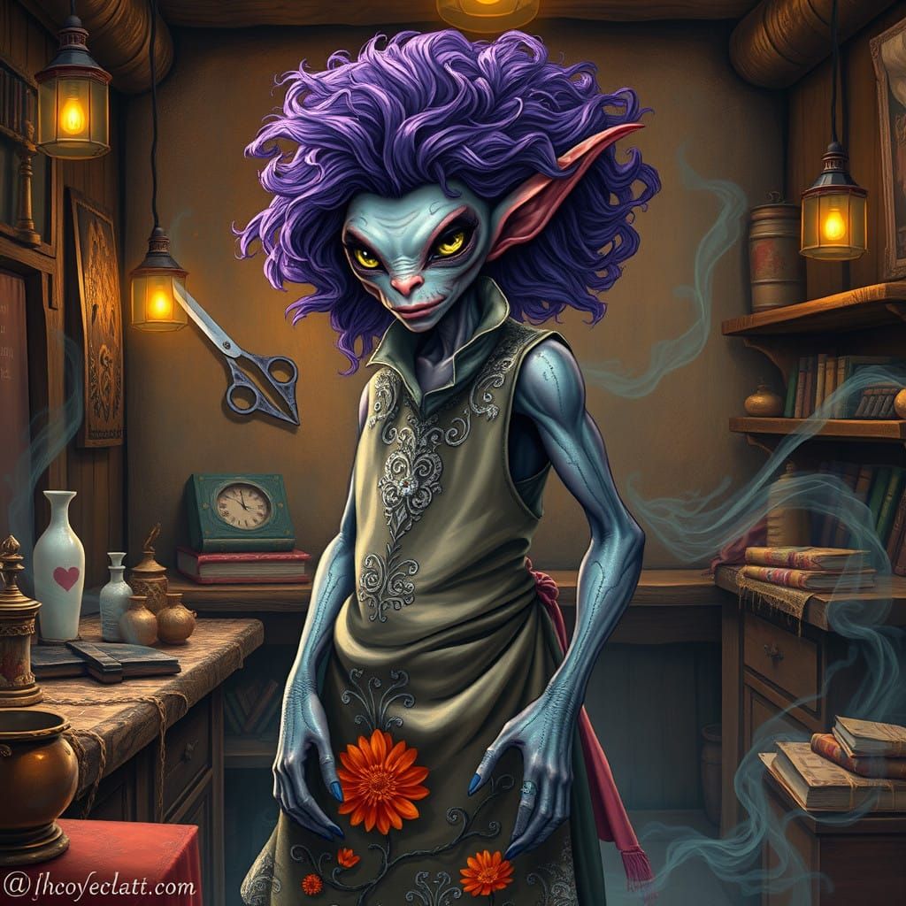 Mystical Alien Barber in Vibrant, 10th-Century Barber Shop