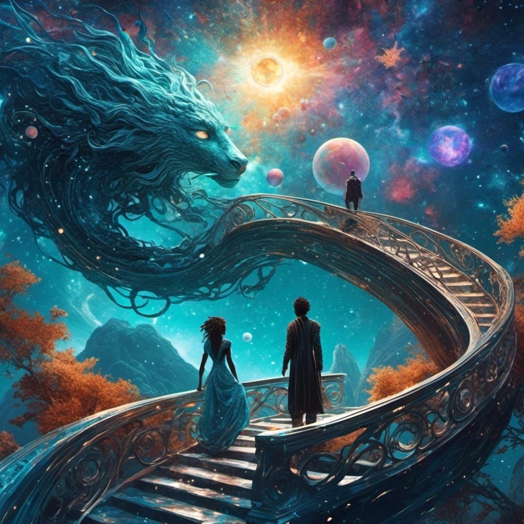 Man on Bridge Gazing at Woman in Cosmos
