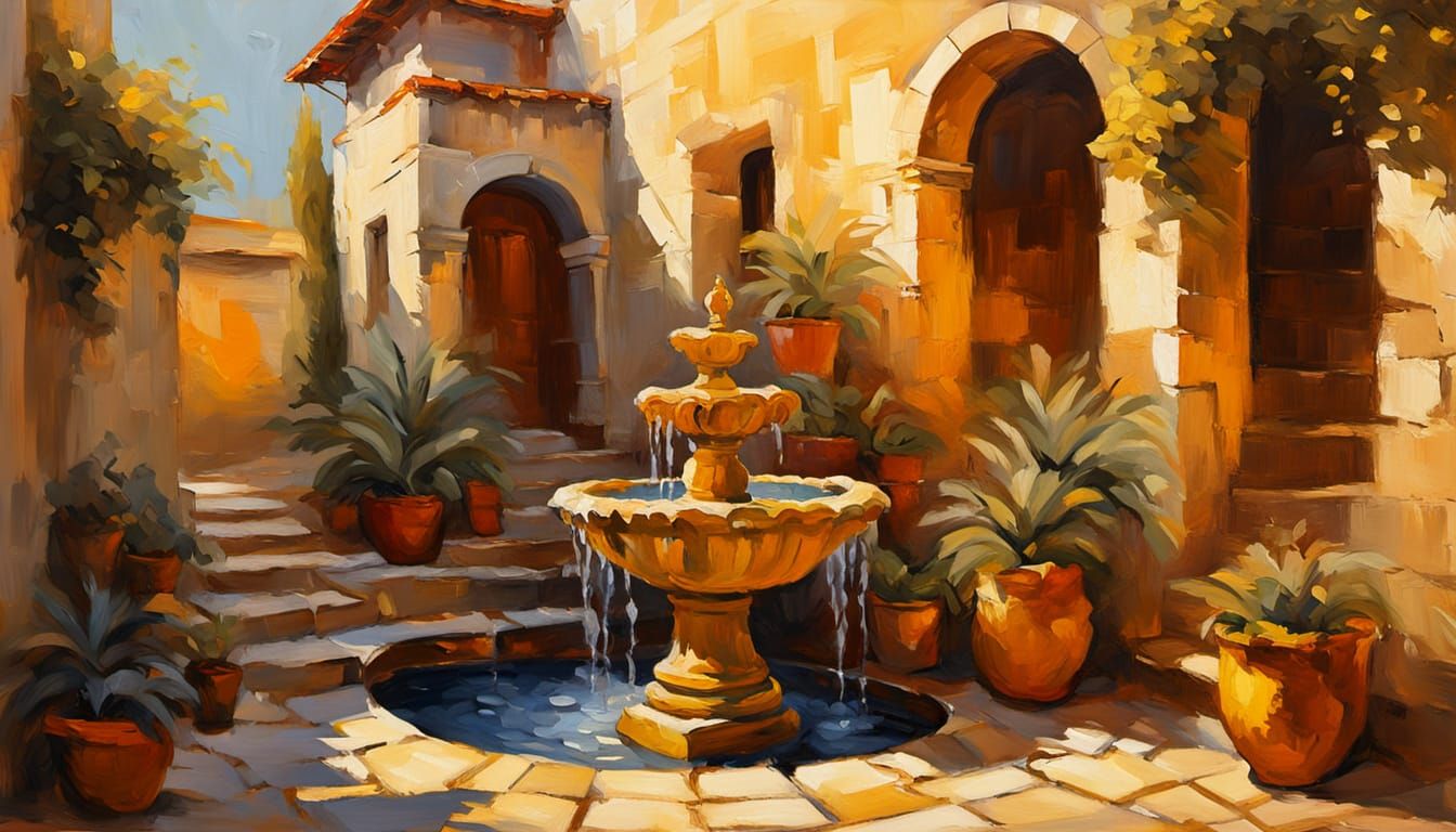 Impasto Painting of Mediterranean Courtyard Fountain