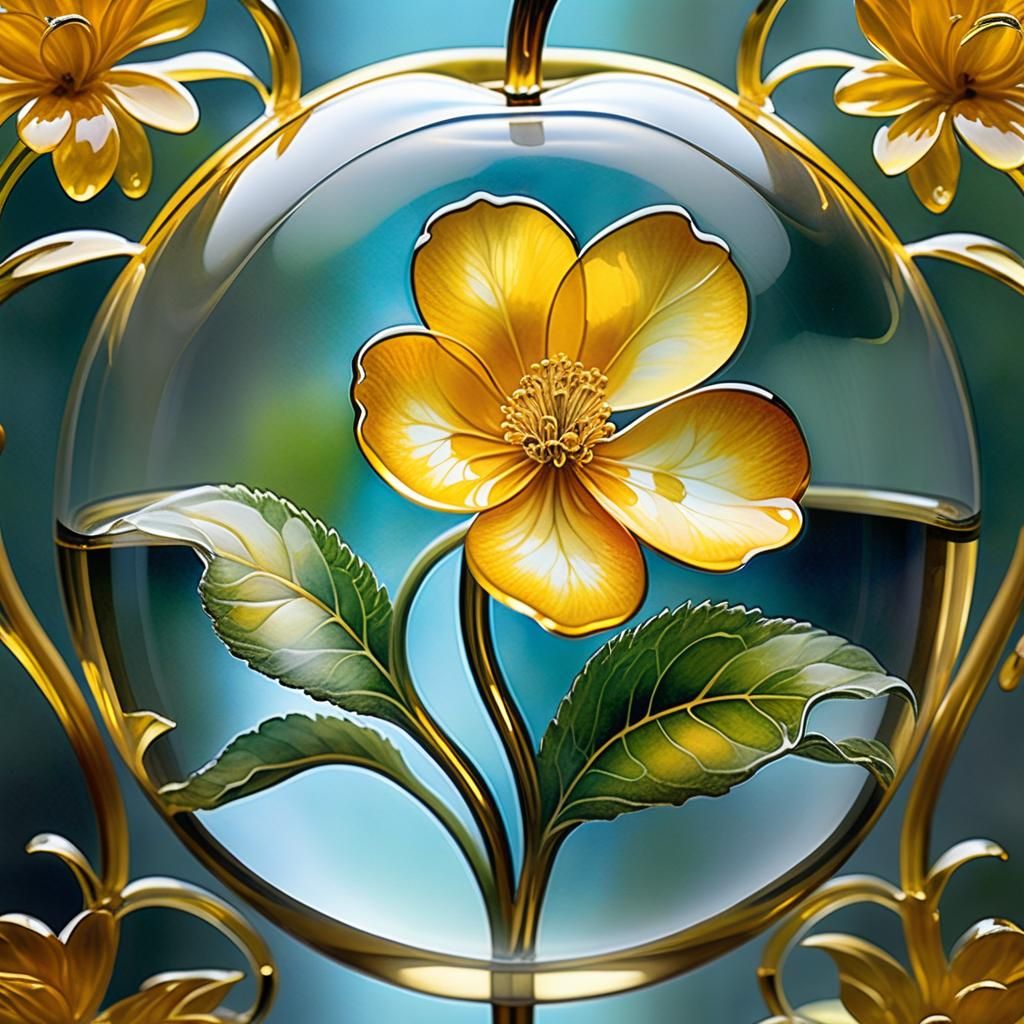 Ethereal Golden Flower in Glass Apple, Watercolor
