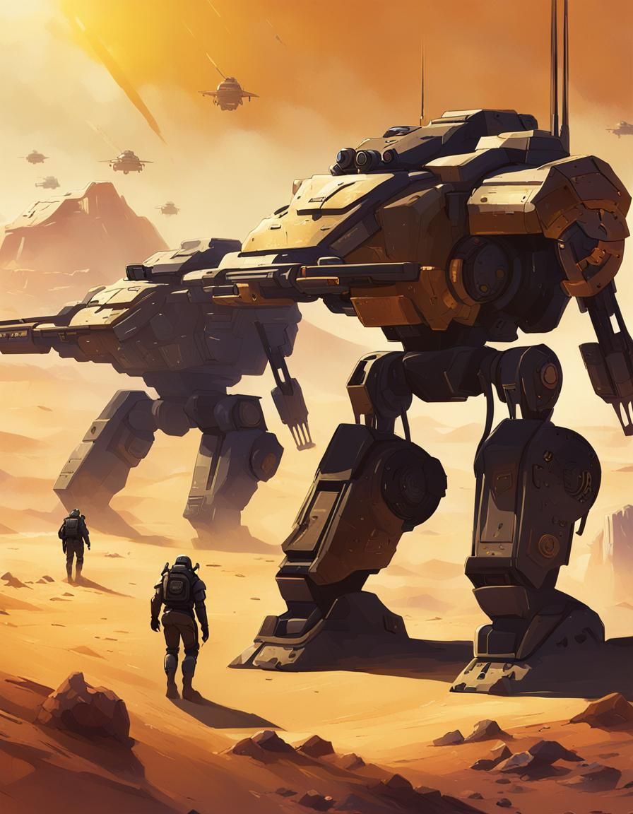 Desert Mecha Robot Propaganda Poster in Cyberpunk Style