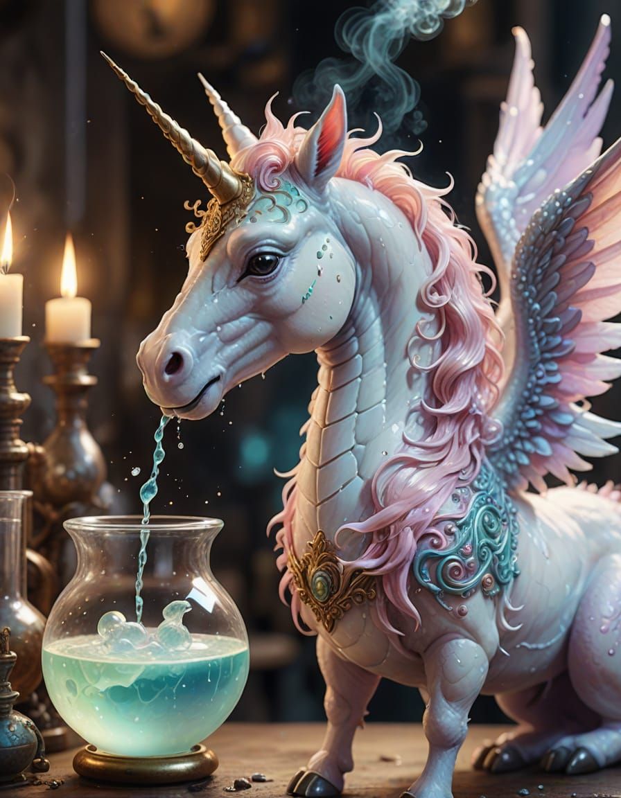 Enchanted Unicorn Dragon in Whimsical Laboratory