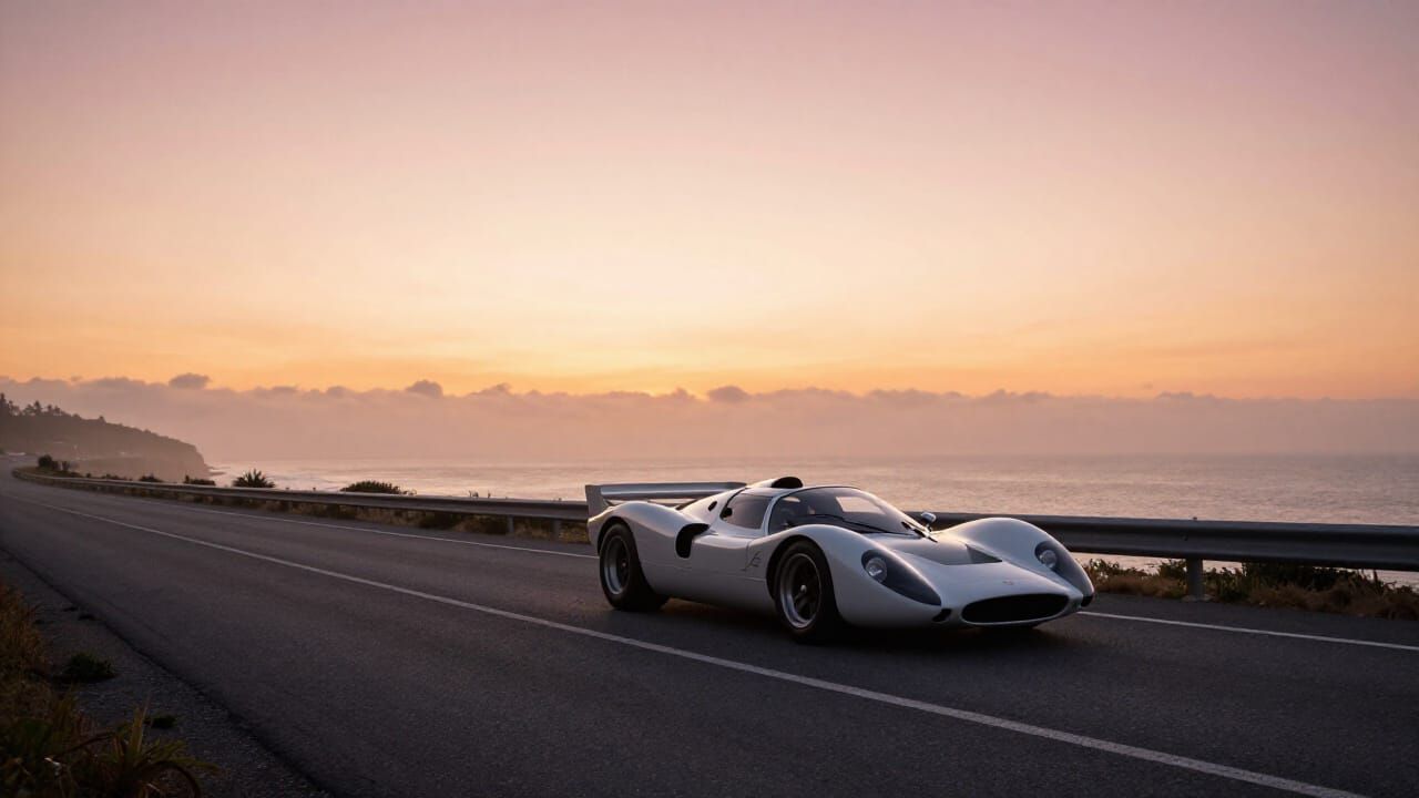 Vintage Sports Car on Coastal Highway at Golden Hour