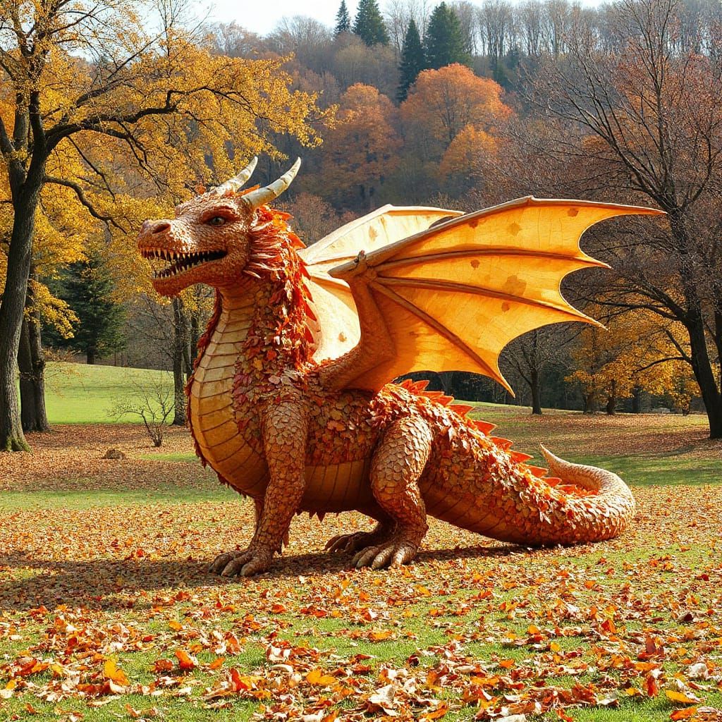 Dragon Sculpture Made of Autumn Leaves in Enchanting Forest