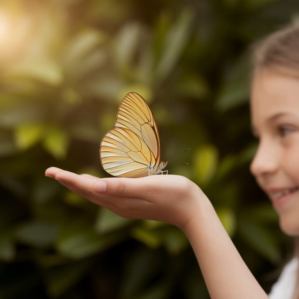 Delicate Butterfly in Golden Glow on Young Girl's Hand