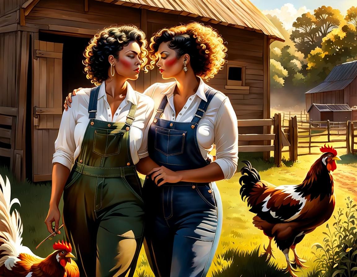 Lesbian Couple Kissing on Farm in Photorealistic Style